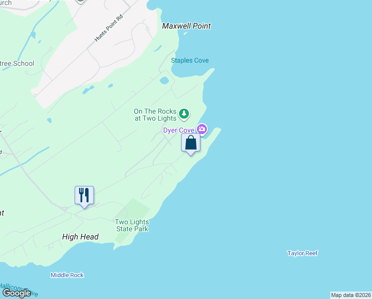 map of restaurants, bars, coffee shops, grocery stores, and more near 204 Two Lights Road in Cape Elizabeth