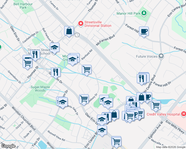 map of restaurants, bars, coffee shops, grocery stores, and more near 5390 Middlebury Drive in Mississauga