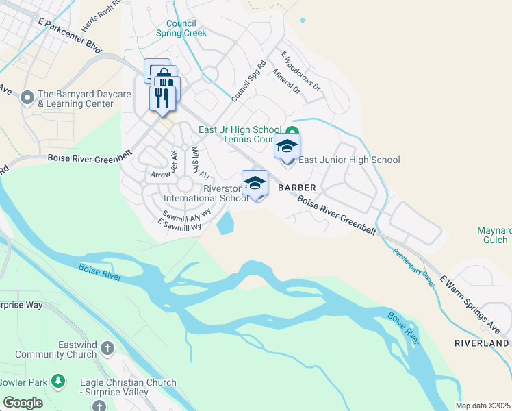 map of restaurants, bars, coffee shops, grocery stores, and more near 5521 East Warm Springs Avenue in Boise