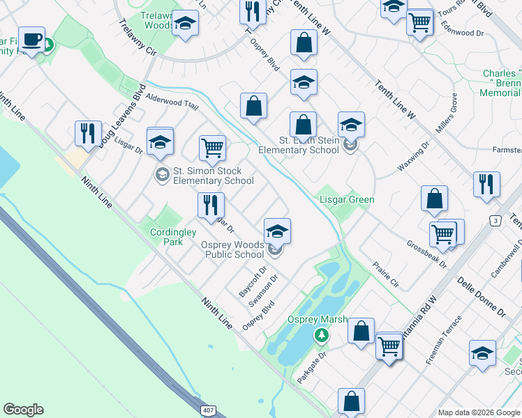 map of restaurants, bars, coffee shops, grocery stores, and more near in Mississauga