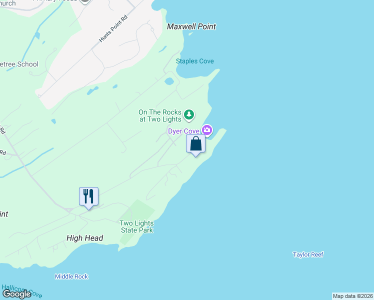 map of restaurants, bars, coffee shops, grocery stores, and more near 204 Two Lights Road in Cape Elizabeth