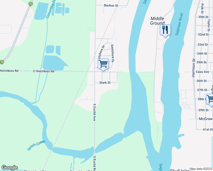 map of restaurants, bars, coffee shops, grocery stores, and more near 305 Stark Street in Bay City
