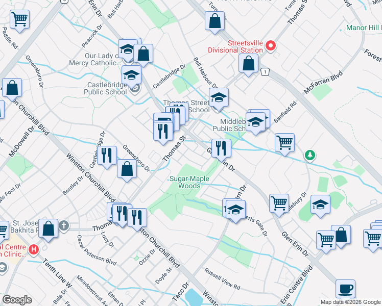 map of restaurants, bars, coffee shops, grocery stores, and more near 5530 Glen Erin Drive in Mississauga