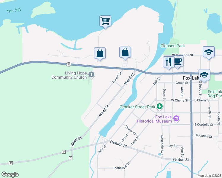 map of restaurants, bars, coffee shops, grocery stores, and more near 210 Forest Street in Fox Lake