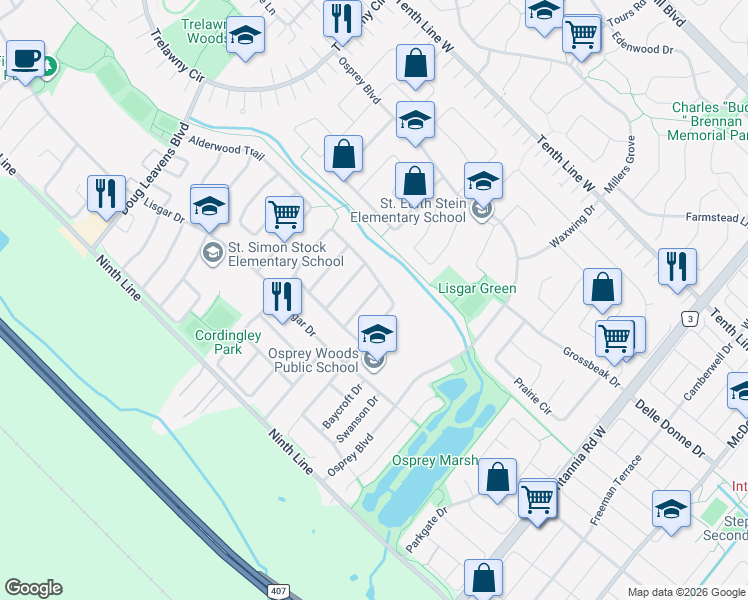 map of restaurants, bars, coffee shops, grocery stores, and more near in Mississauga