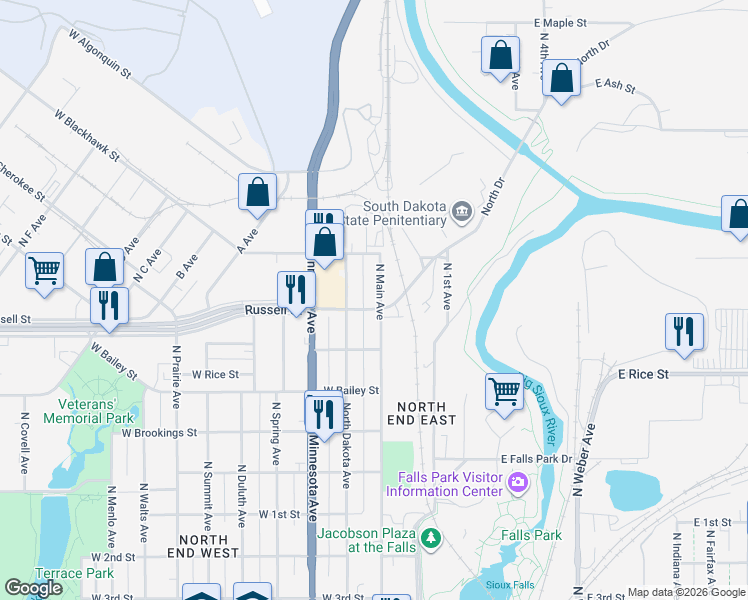 map of restaurants, bars, coffee shops, grocery stores, and more near 1411 North Main Avenue in Sioux Falls