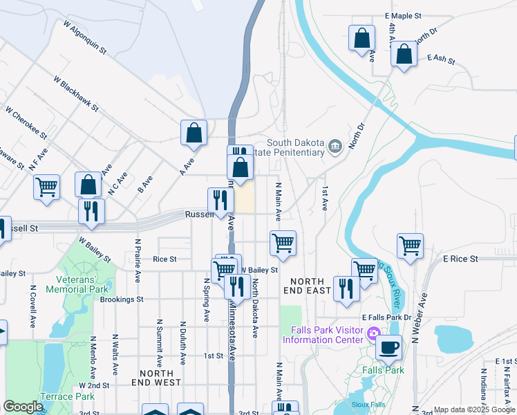 map of restaurants, bars, coffee shops, grocery stores, and more near 1411 North Main Avenue in Sioux Falls