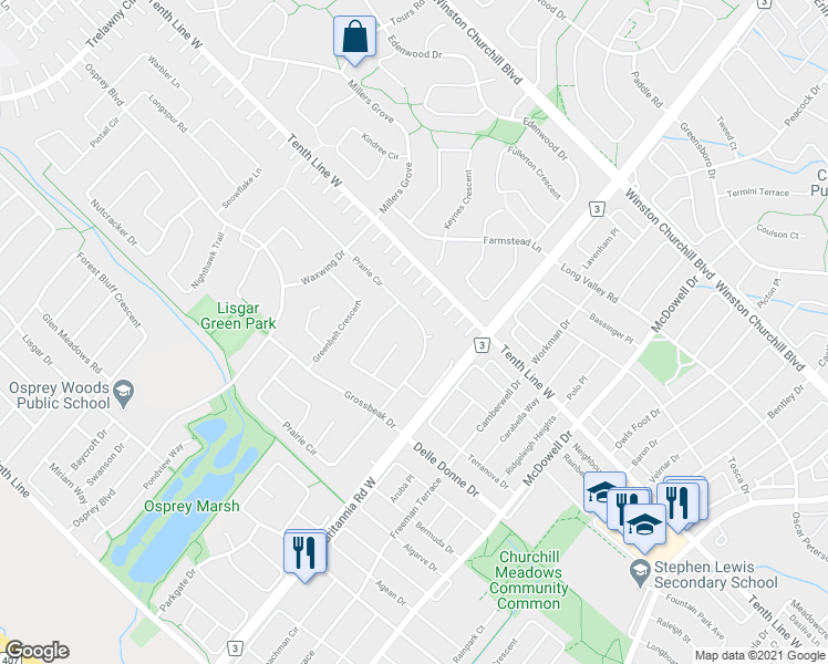 map of restaurants, bars, coffee shops, grocery stores, and more near 6058 Prairie Circle in Mississauga