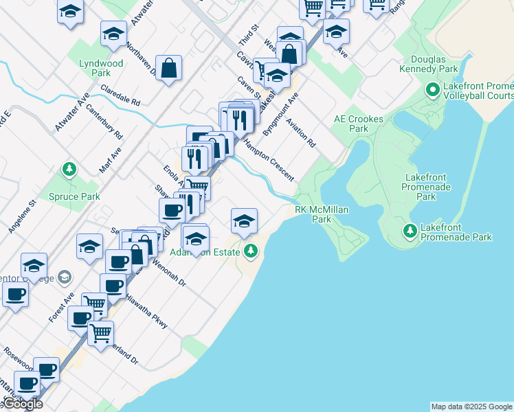 map of restaurants, bars, coffee shops, grocery stores, and more near 890 Beechwood Avenue in Mississauga
