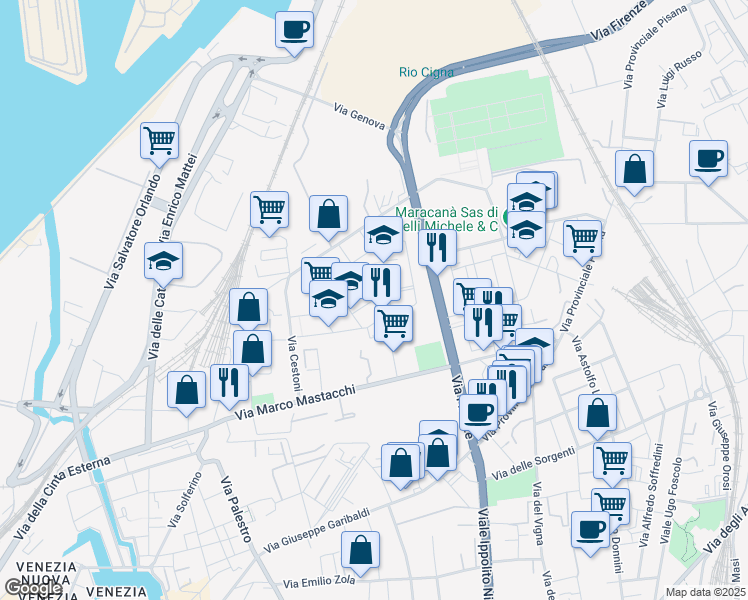 map of restaurants, bars, coffee shops, grocery stores, and more near Via Icilio Wan Bergher in Livorno