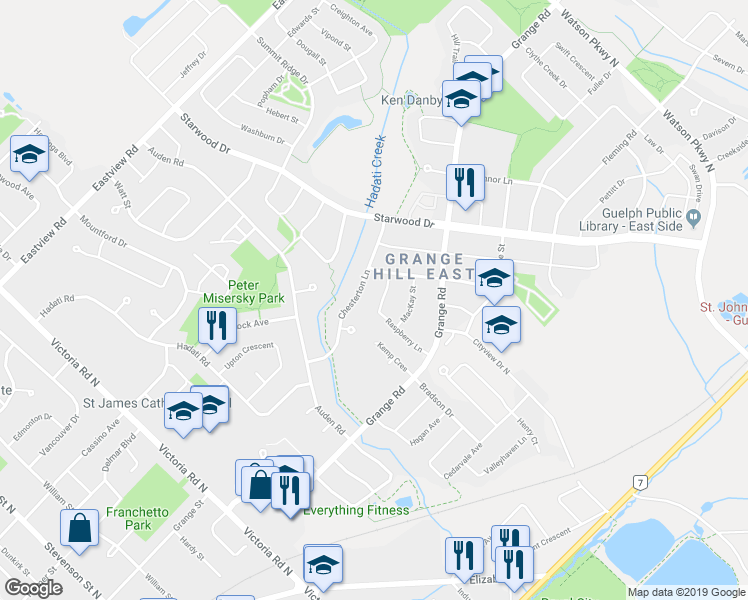 map of restaurants, bars, coffee shops, grocery stores, and more near 62 Raspberry Lane in Guelph