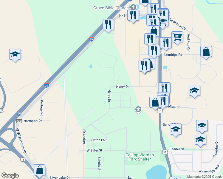 map of restaurants, bars, coffee shops, grocery stores, and more near 404 Henry Drive in Portage