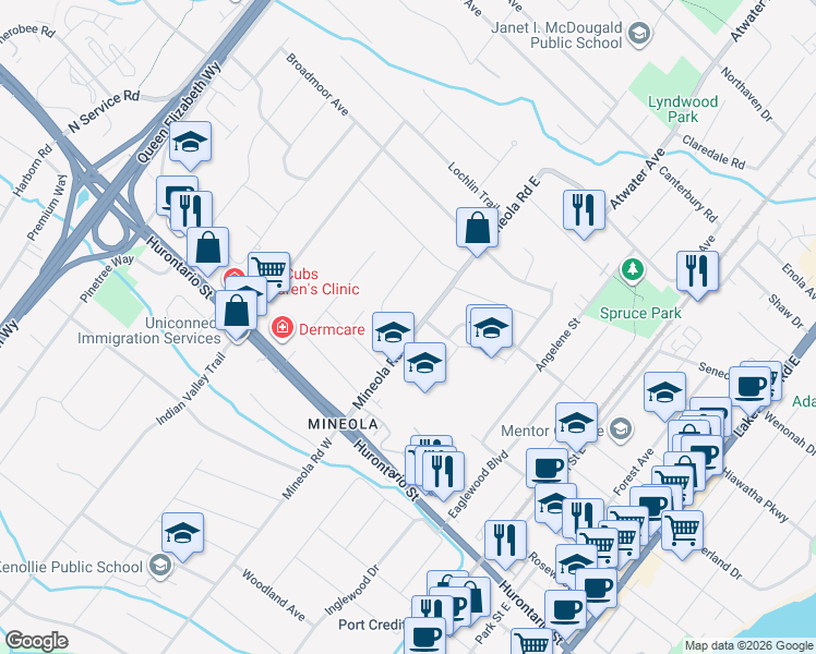 map of restaurants, bars, coffee shops, grocery stores, and more near 72 Oakes Drive in Mississauga