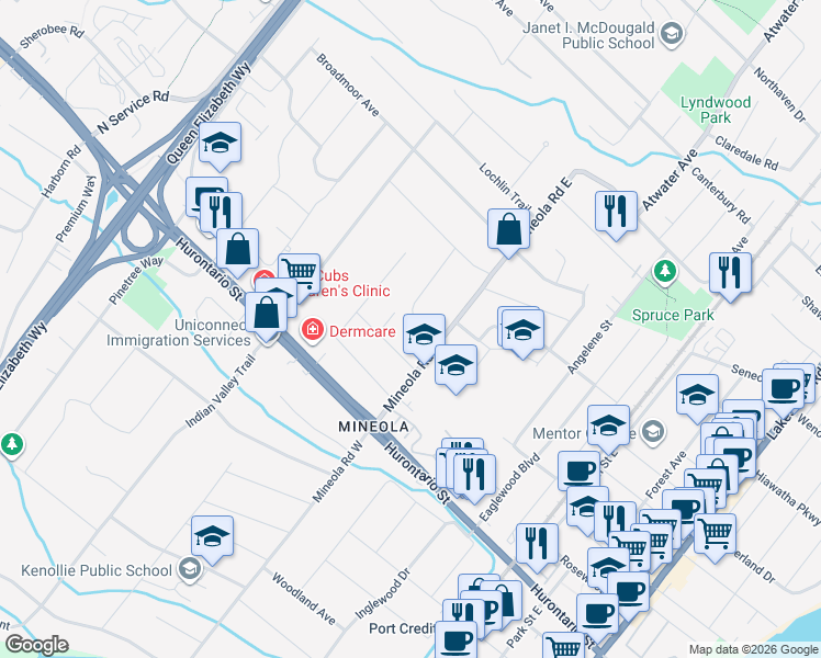 map of restaurants, bars, coffee shops, grocery stores, and more near 95 Oakes Drive in Mississauga