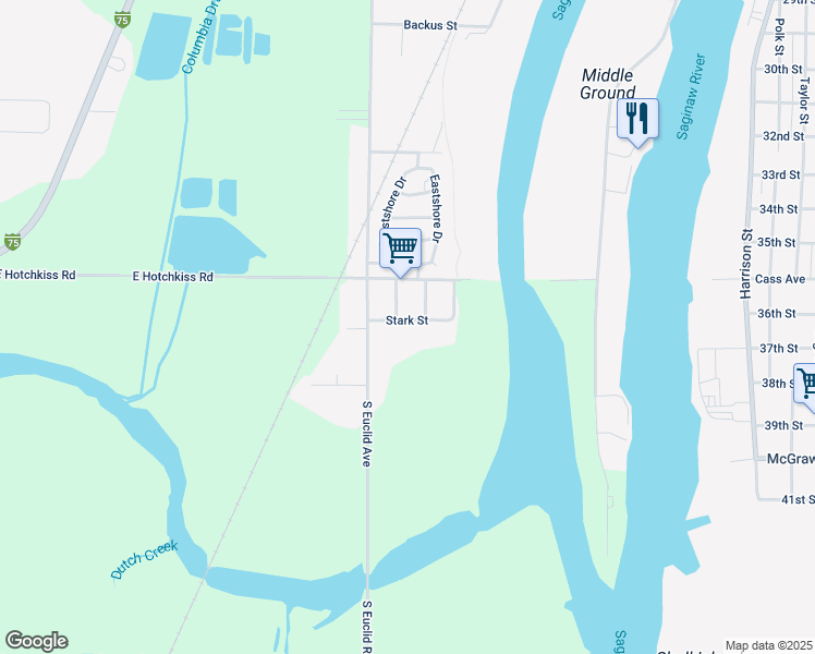 map of restaurants, bars, coffee shops, grocery stores, and more near 305 Stark Street in Bay City