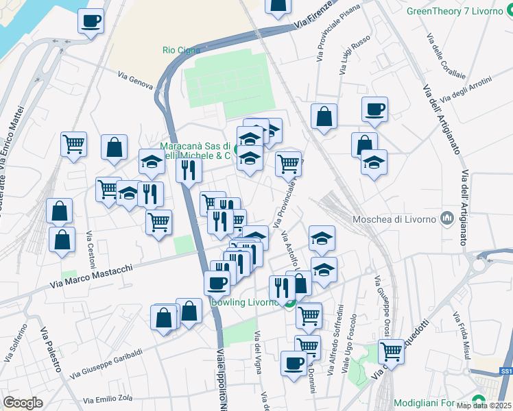 map of restaurants, bars, coffee shops, grocery stores, and more near 10 Via Fratelli Cervi in Livorno