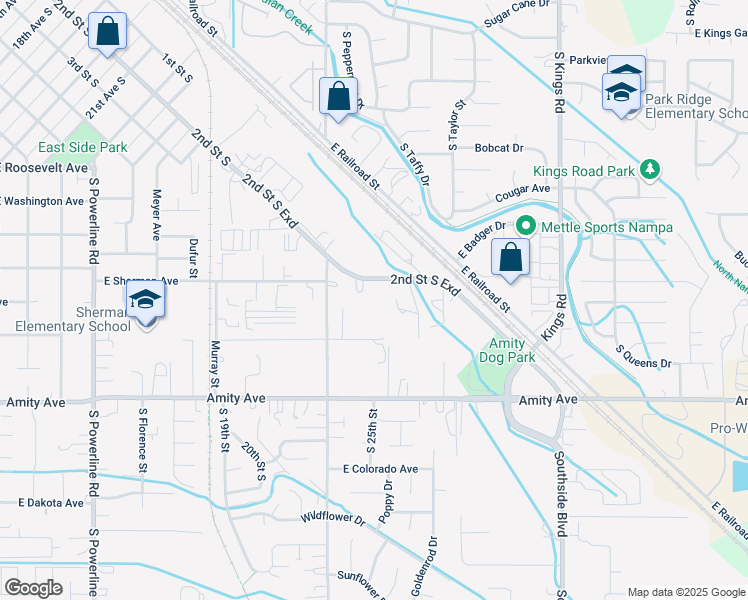 map of restaurants, bars, coffee shops, grocery stores, and more near 2647 2nd Street South in Nampa