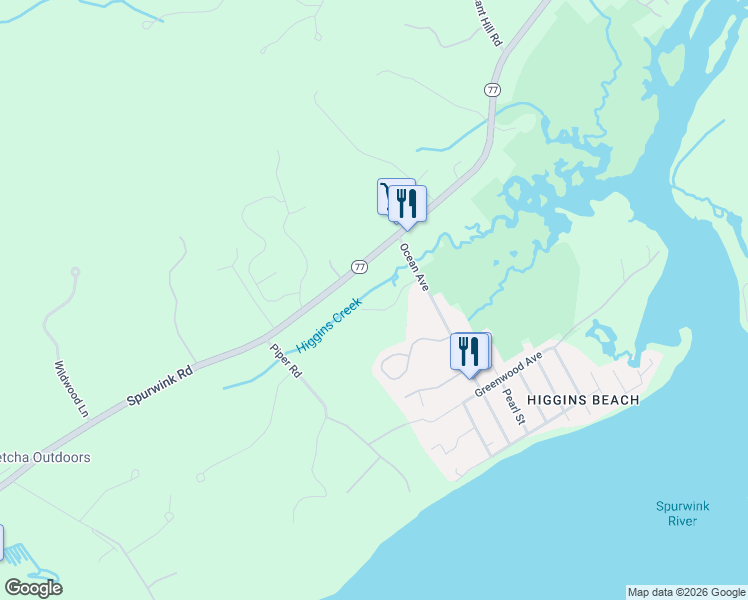 map of restaurants, bars, coffee shops, grocery stores, and more near 9 Higgins Creek Road in Scarborough