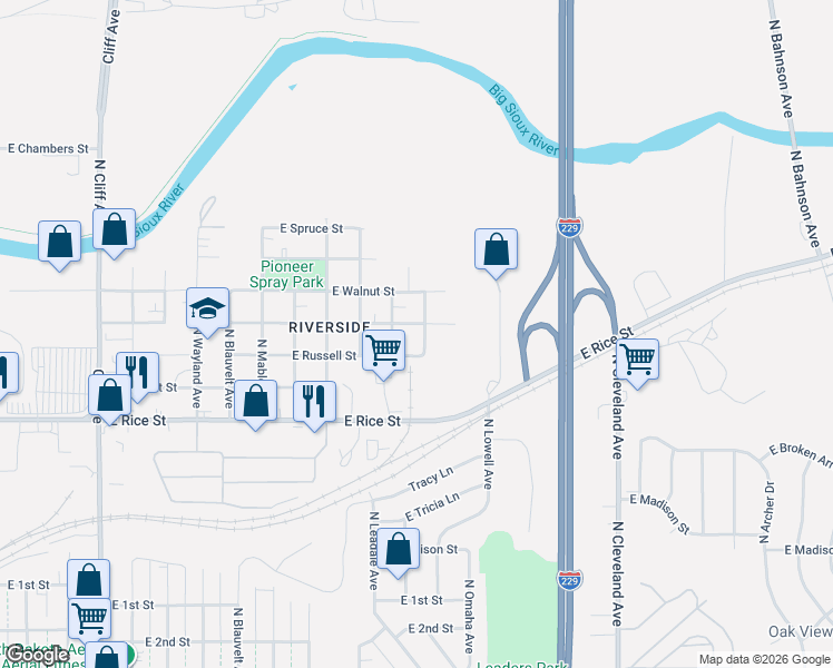 map of restaurants, bars, coffee shops, grocery stores, and more near 1601-1699 N St Paul Ave in Sioux Falls