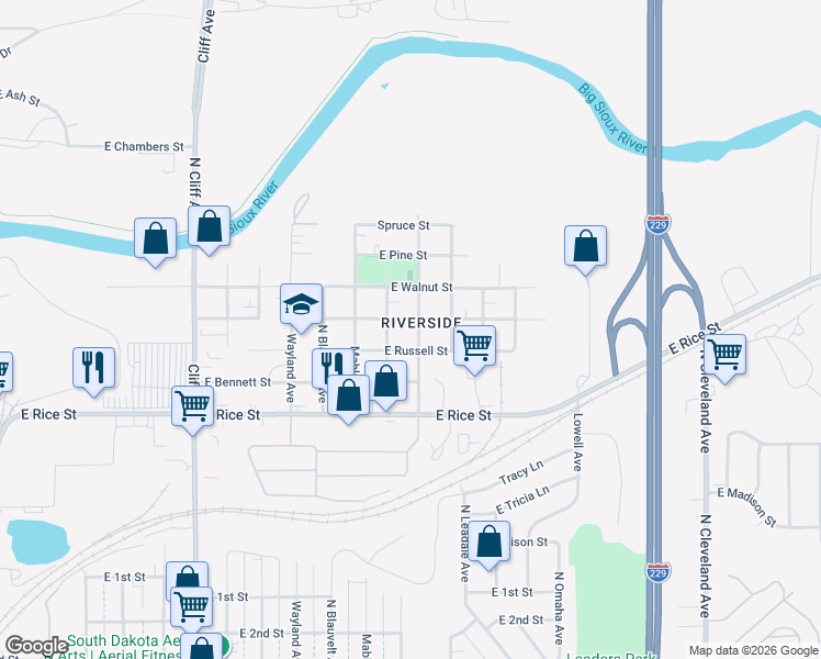 map of restaurants, bars, coffee shops, grocery stores, and more near 1600-1698 N Highland Ave in Sioux Falls