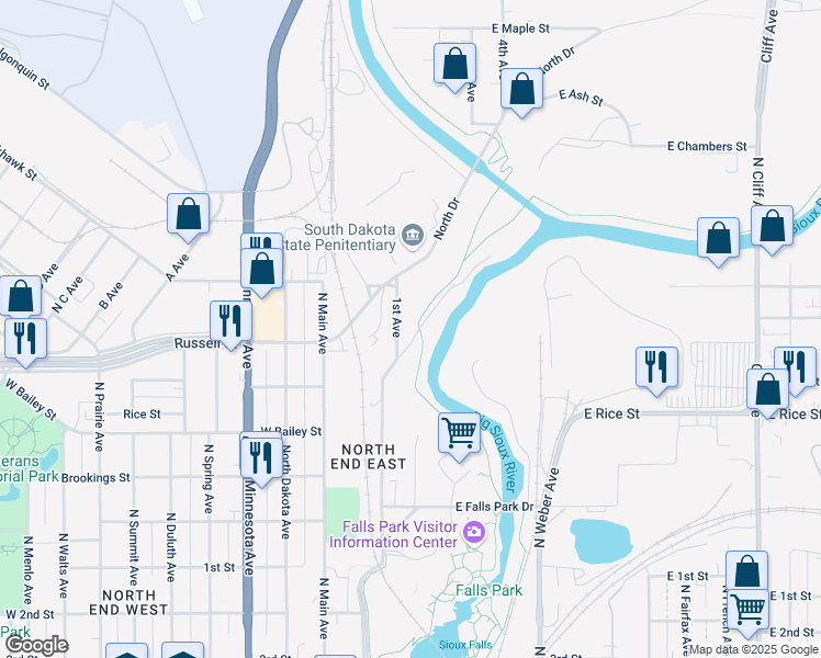 map of restaurants, bars, coffee shops, grocery stores, and more near Sioux Falls Bike Trail in Sioux Falls