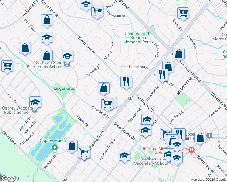 map of restaurants, bars, coffee shops, grocery stores, and more near 6058 Prairie Circle in Mississauga