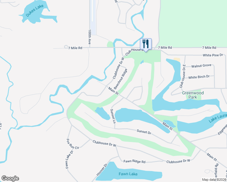 map of restaurants, bars, coffee shops, grocery stores, and more near 9406 Main Street in Canadian Lakes