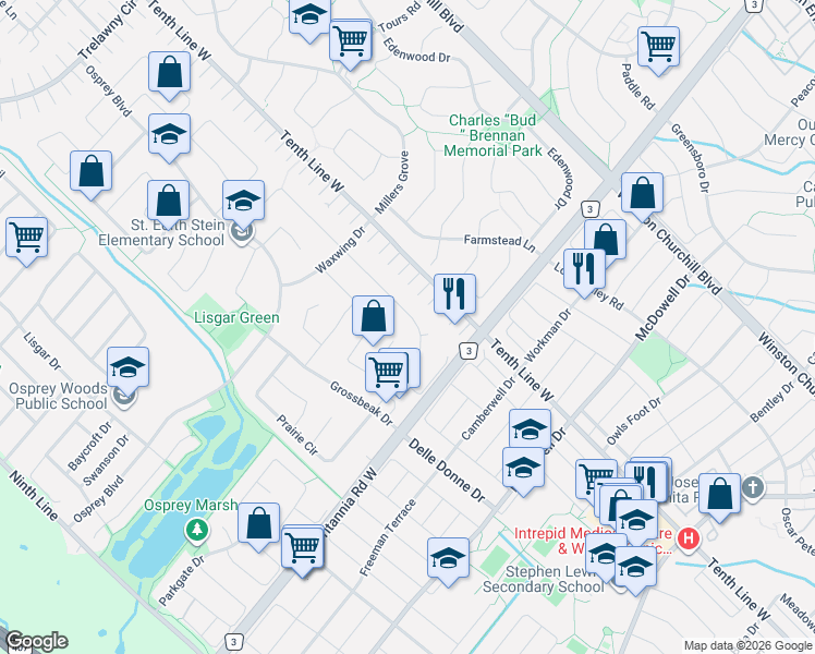 map of restaurants, bars, coffee shops, grocery stores, and more near 6062 Prairie Circle in Mississauga
