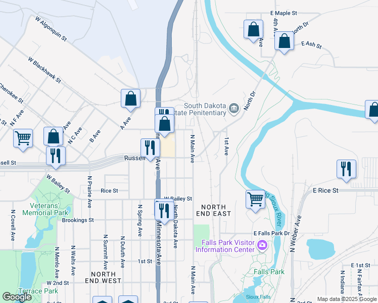 map of restaurants, bars, coffee shops, grocery stores, and more near 1411 North Main Avenue in Sioux Falls