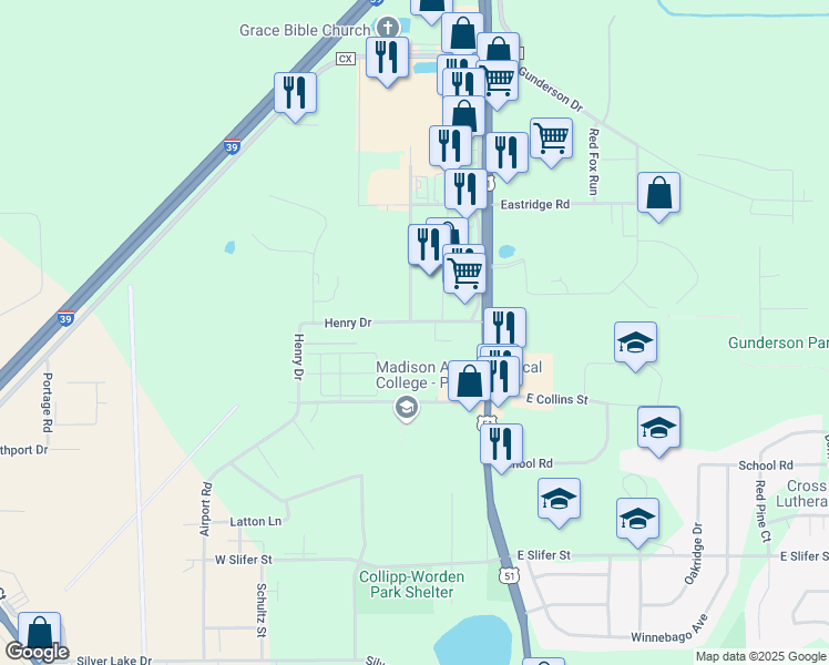 map of restaurants, bars, coffee shops, grocery stores, and more near 142 Henry Drive in Portage