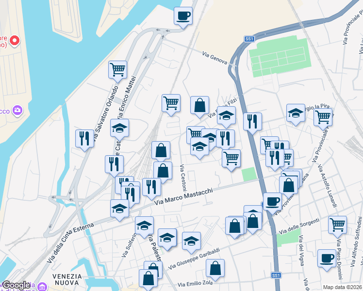 map of restaurants, bars, coffee shops, grocery stores, and more near 58 Via Cestoni in Livorno