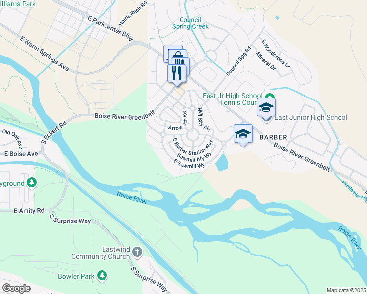 map of restaurants, bars, coffee shops, grocery stores, and more near 4158 East Barber Station Way in Boise