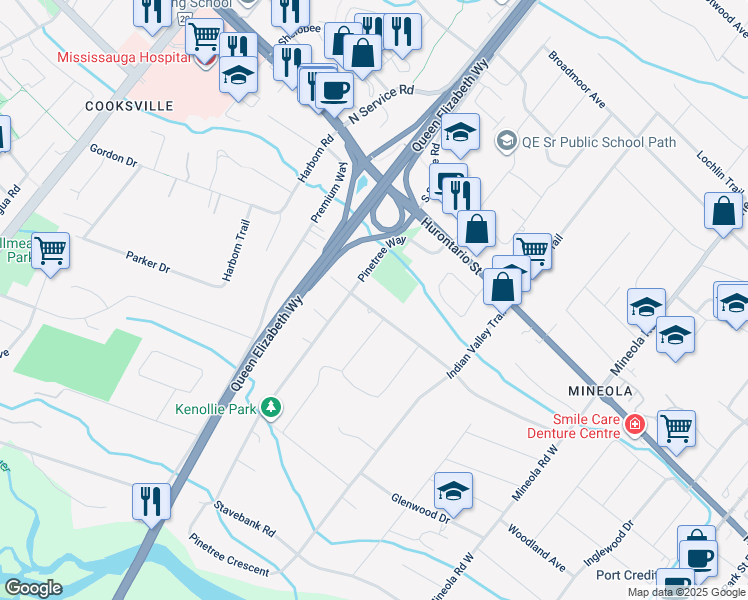 map of restaurants, bars, coffee shops, grocery stores, and more near 1593 Glenburnie Road in Mississauga