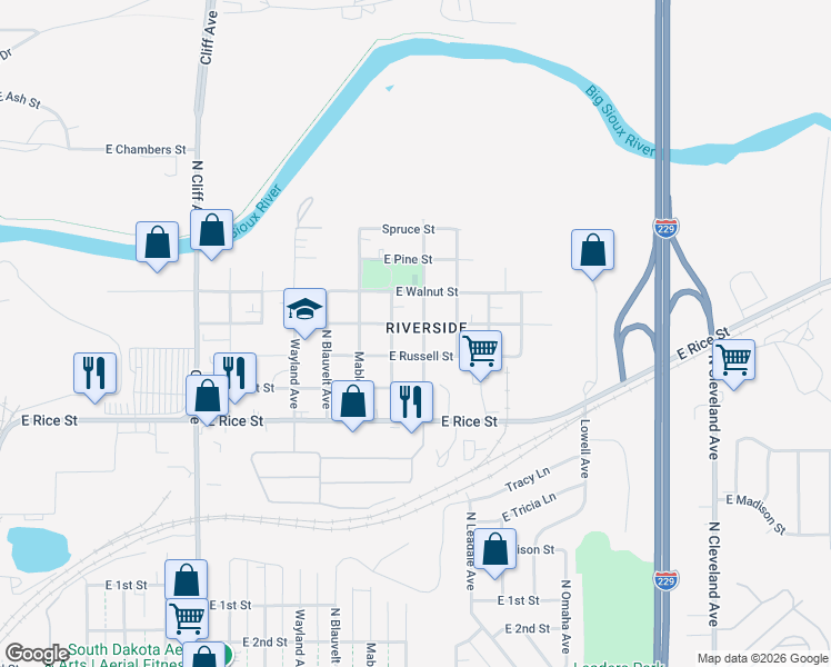 map of restaurants, bars, coffee shops, grocery stores, and more near 1600-1698 N Highland Ave in Sioux Falls