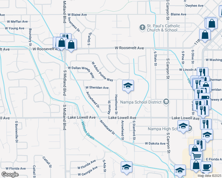 map of restaurants, bars, coffee shops, grocery stores, and more near 420 Alturas Street in Nampa