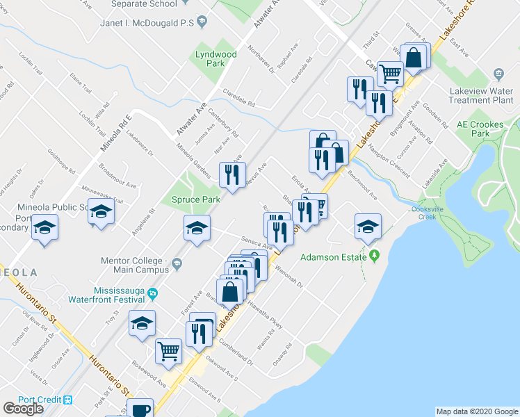 map of restaurants, bars, coffee shops, grocery stores, and more near 1060 Roosevelt Road in Mississauga