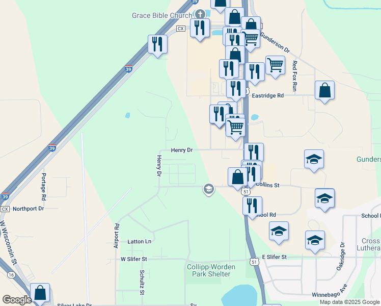 map of restaurants, bars, coffee shops, grocery stores, and more near 240 Henry Drive in Portage