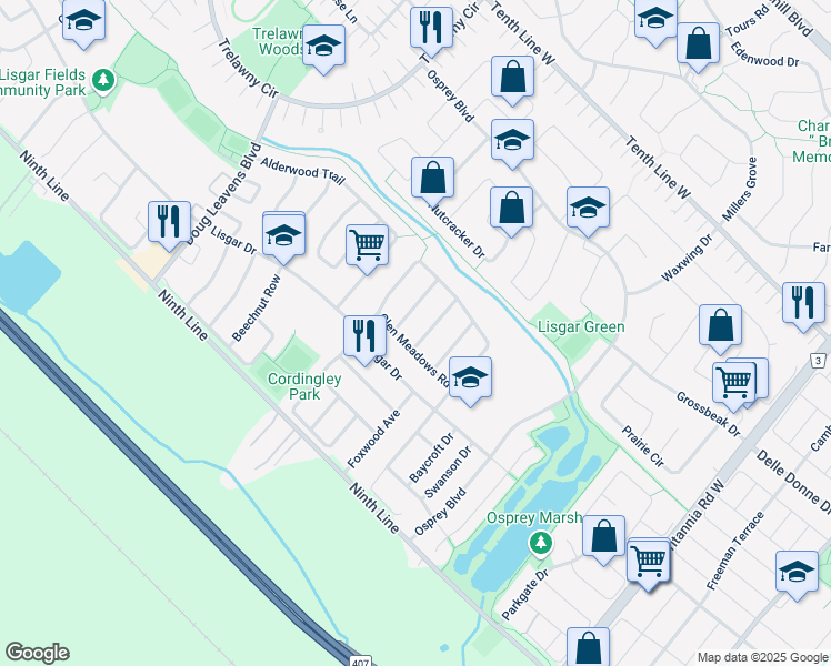 map of restaurants, bars, coffee shops, grocery stores, and more near 3853 Foxborough Trail in Mississauga