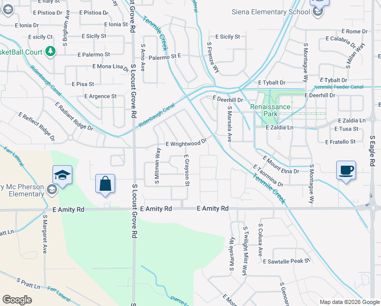 map of restaurants, bars, coffee shops, grocery stores, and more near 4420 South Glenmere Way in Meridian
