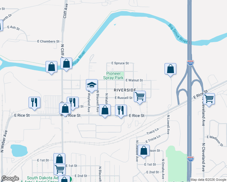 map of restaurants, bars, coffee shops, grocery stores, and more near 1600-1698 N Highland Ave in Sioux Falls