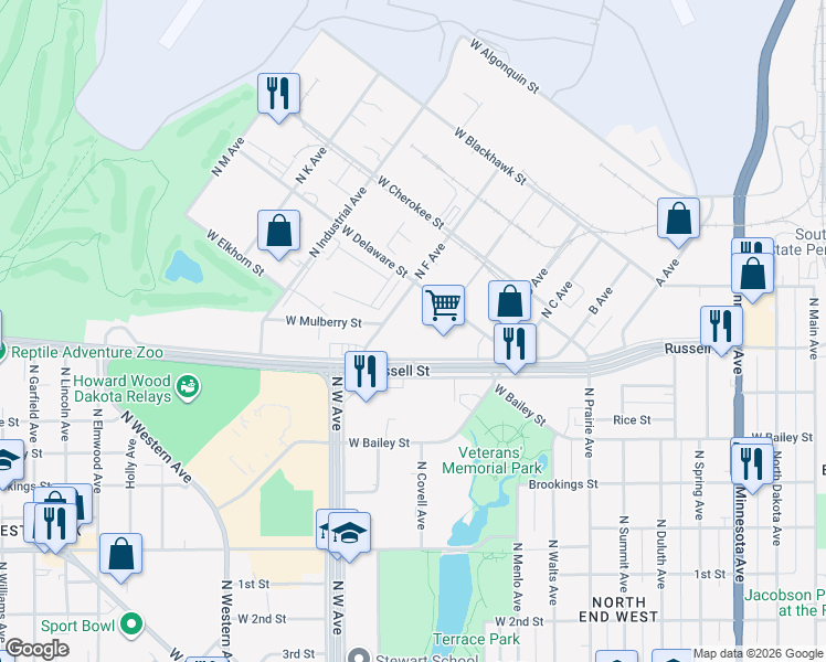 map of restaurants, bars, coffee shops, grocery stores, and more near 1300 Russell St in Sioux Falls