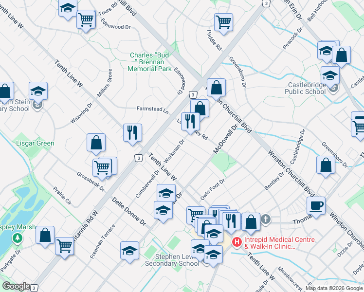 map of restaurants, bars, coffee shops, grocery stores, and more near 5937 Summerside Drive in Mississauga
