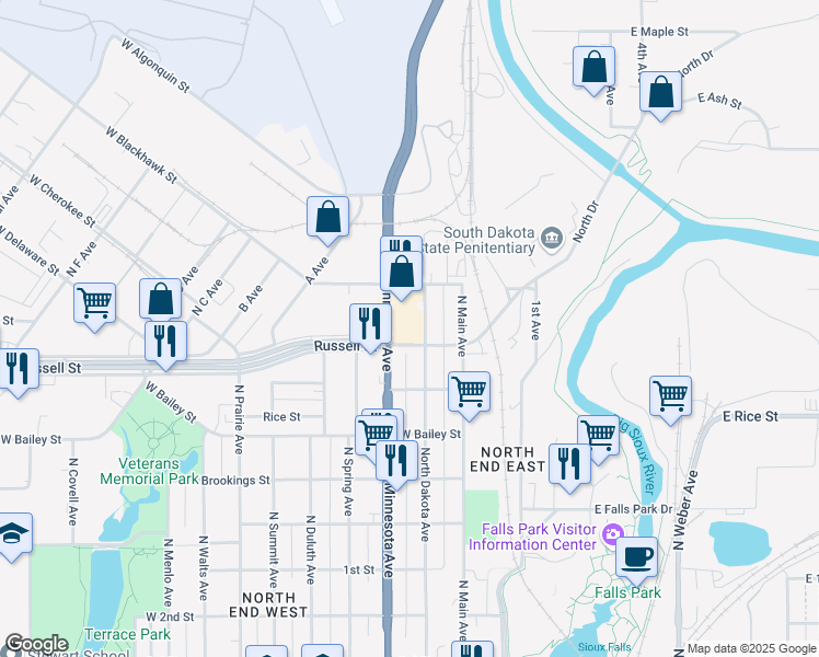 map of restaurants, bars, coffee shops, grocery stores, and more near 1400 North Minnesota Avenue in Sioux Falls
