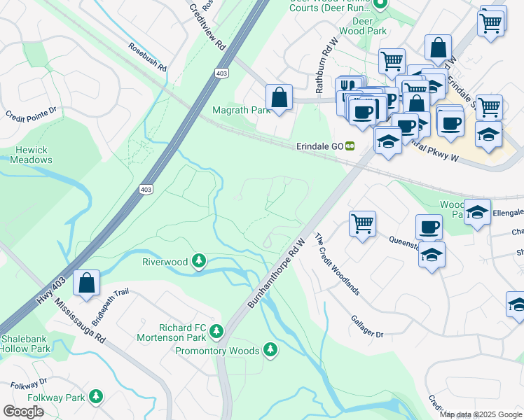 map of restaurants, bars, coffee shops, grocery stores, and more near 4300 Riverwood Park Lane in Mississauga