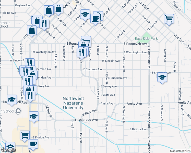 map of restaurants, bars, coffee shops, grocery stores, and more near 816 East Sheridan Avenue in Nampa