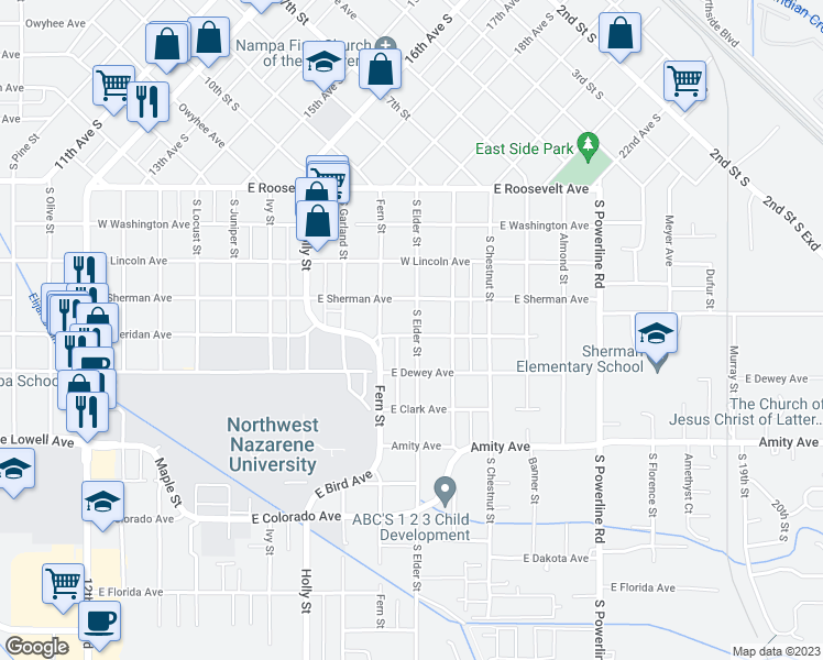map of restaurants, bars, coffee shops, grocery stores, and more near 423 South Elder Street in Nampa