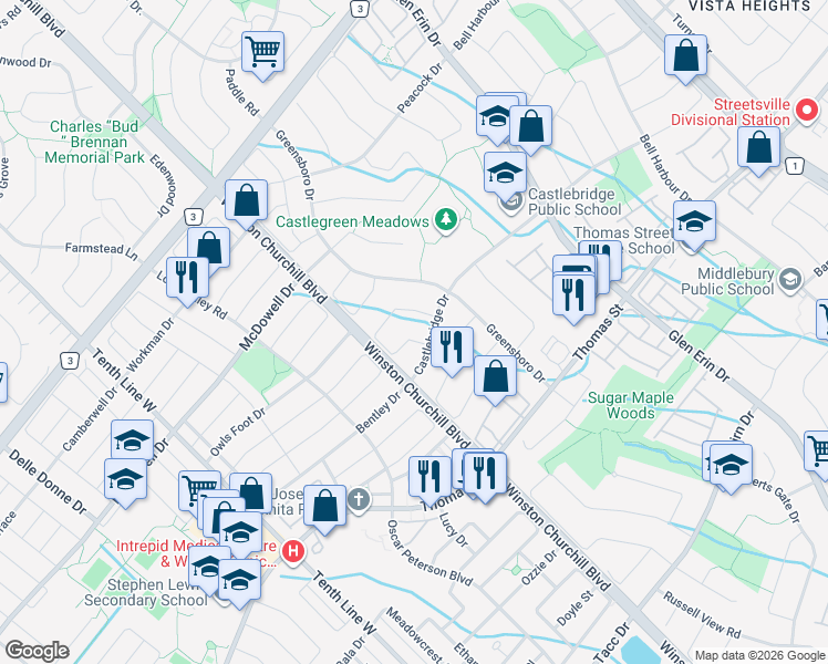 map of restaurants, bars, coffee shops, grocery stores, and more near 2872 Gardenview Crescent in Mississauga