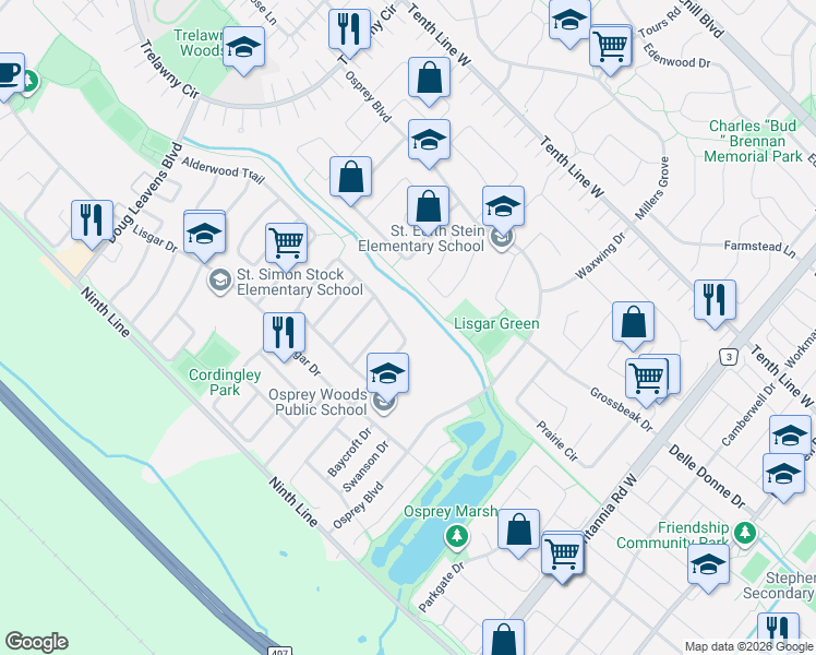 map of restaurants, bars, coffee shops, grocery stores, and more near 3784 Forest Bluff Crescent in Mississauga