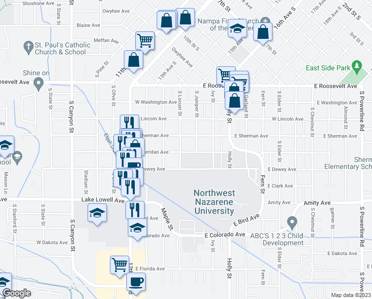map of restaurants, bars, coffee shops, grocery stores, and more near 412 East Sheridan Avenue in Nampa