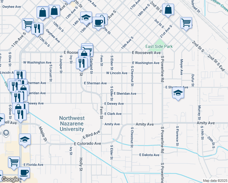 map of restaurants, bars, coffee shops, grocery stores, and more near 424 South Elder Street in Nampa